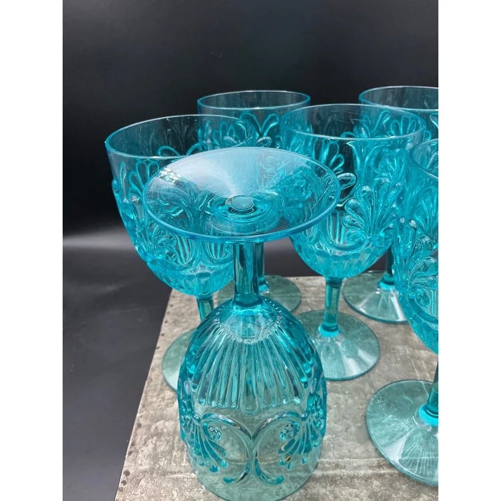 Set of 6 Turquoise Blue Acrylic Wine Goblets Embossed Scroll Pattern 7 inch